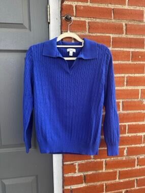 Kim Rogers Cable Knit Polo Sweater Size L 100% Cotton Royal Blue Classic Preppy